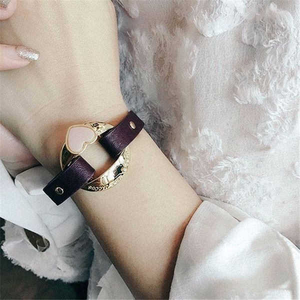 

bangle fashion style leather metal hollow heart adjustable bracelet, Black