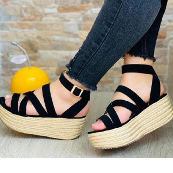 

dress shoes platform women sandals summer open toe high heels wedges female cross strappy beach ladies espadrille, Black