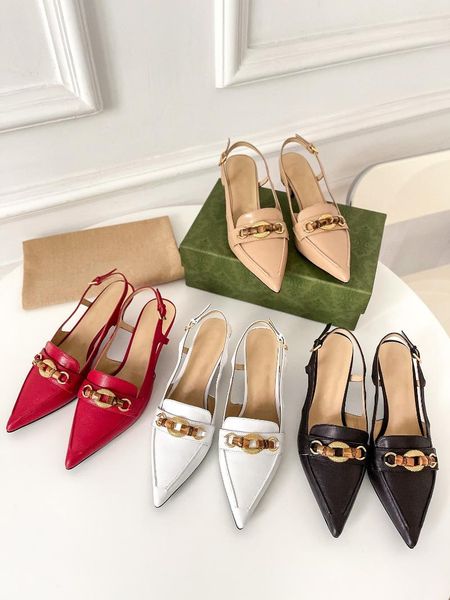 

sandals summer slingbacks metal decoration chain pointed toe designer shoes retro thin heels genuine leather zapatos de mujer, Black