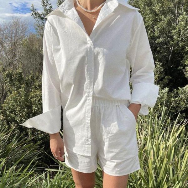 

women's tracksuits chic women two piece outfits woman casual long sleeve turn-down collar blouses high waist short pants female solid s, Gray