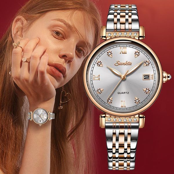 

montre femme sunkta simple women watches elegant diamond full steel watch women's quartz relogio feminino wristwatches, Slivery;brown