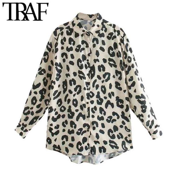 

traf women fashion leopard print loose blouses vintage long sleeve button-up female shirts blusas chic 210730, White