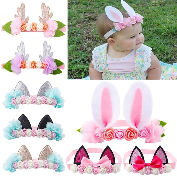 

baby headbands bunny girls cat ear headband lovely animal hairbands flower chiffoon head bands cute rabbit hair accessories, Slivery;white