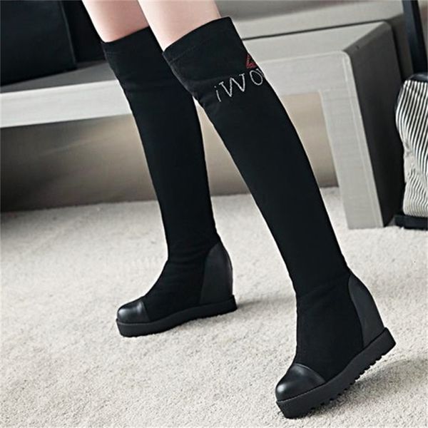 

plus size 34 to 42 43 44 45 invisible height increased platform wee over the knee thigh high boots, Black