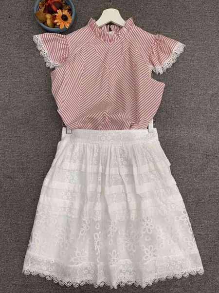 

ladies skirt suits summer fashion 2 piece set ladies striped blouse+lace embroidery white mini skirt sets & suit