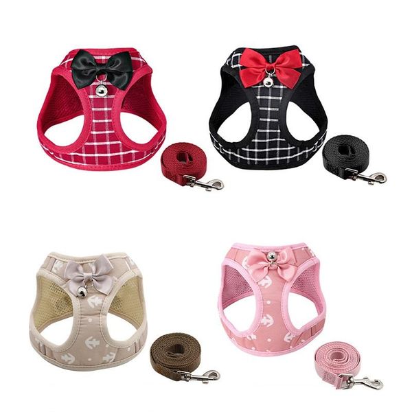 

cat collars & leads fashion harness vest breathable walking lead mesh pet leash set with bell cute bowknot kitten accessories collar supplie