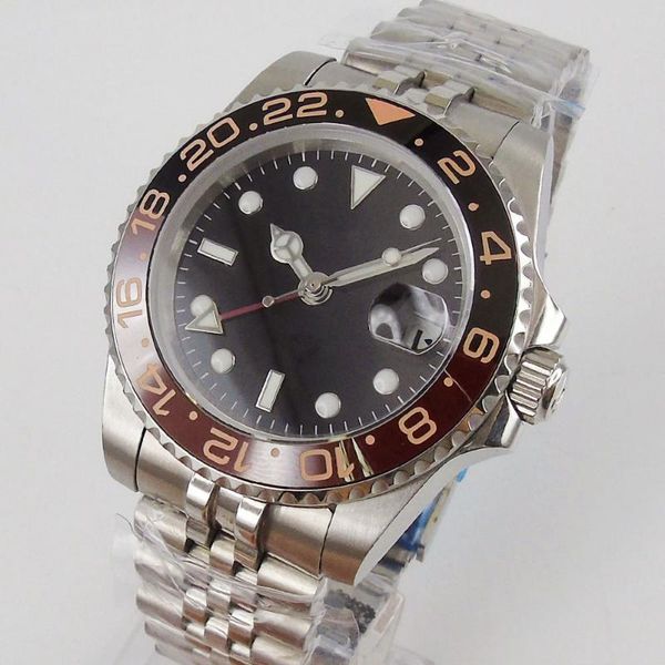 

wristwatches 40mm sterile dial sapphire glass gmt luminous date mingzhu 3804 automatic movement mens watch, Slivery;brown
