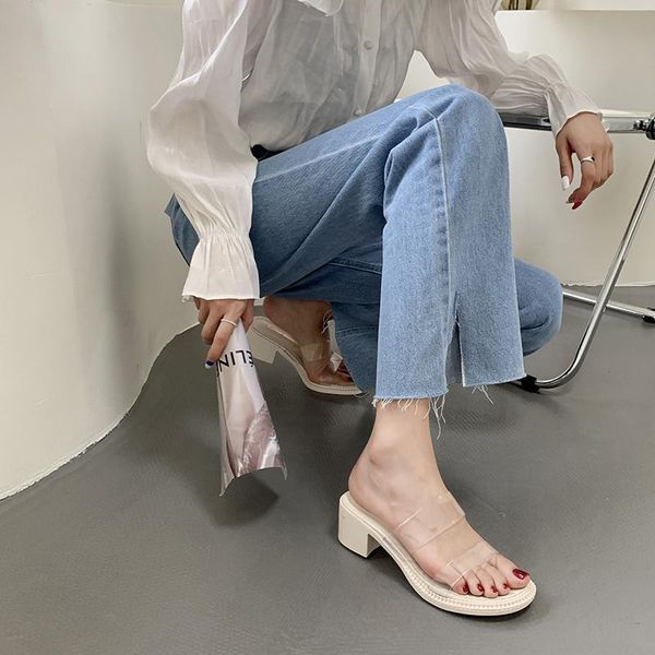

slippers med shoes woman 2021 low casual heeled mules square heel jelly slides pantofle luxury high block transparent scanda, Black