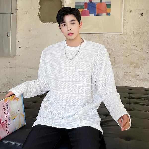 

men's t-shirts translucent pleated fabric long sleeve thin breathable loose casual tees shirts man net celebrity vintage, White;black