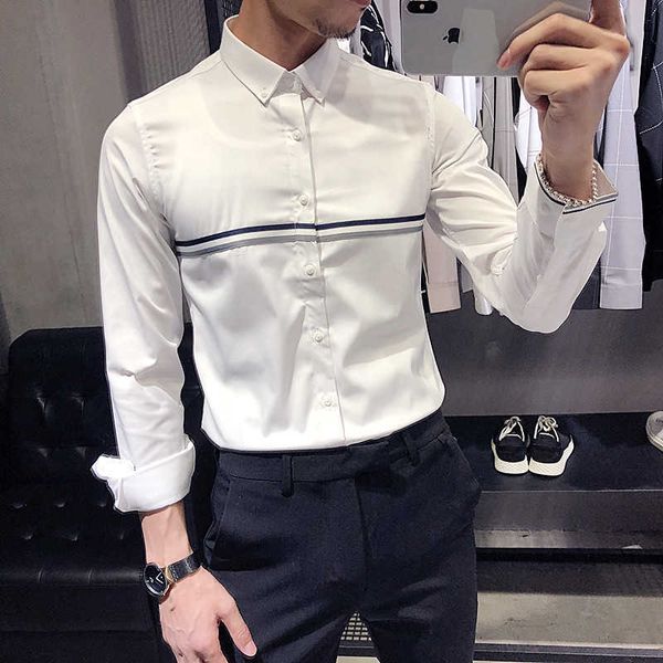 

brand mens dress shirts camisa masculina casual slim fit long sleeve shirt white men business formal social shirt 210527, White;black