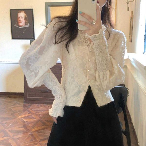 

puffer sleeve v neck womens shirts flower lace patchwork vintage and women korean style button white spring