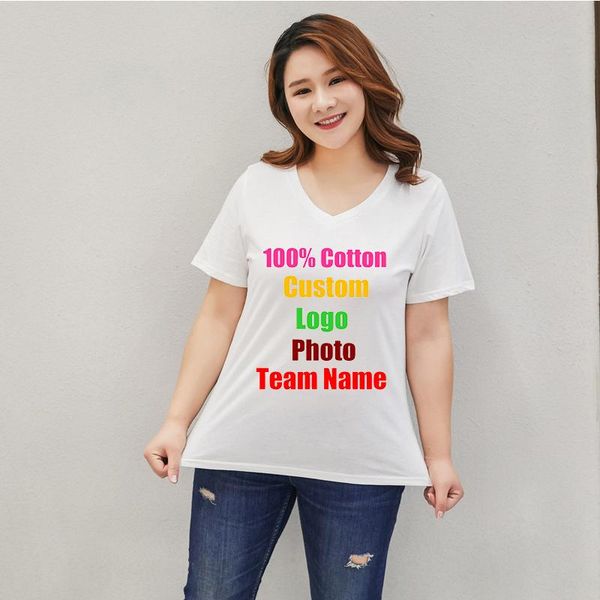 

women's t-shirt customized logo plus size short-sleeved fat mm loose solid color large pure cotton v-neck top, White