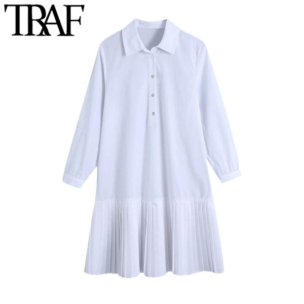 Moda chique de mulheres traf com botões plissado bainha branca mini vestido vintage três quartos manga feminina vestidos vestidos 210415