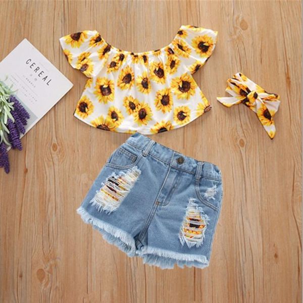 

clothing sets toddler kid girls sunflower print clothes baby kids ruffles off shoulder ripped denim shorts headband outfits set 3pc, White