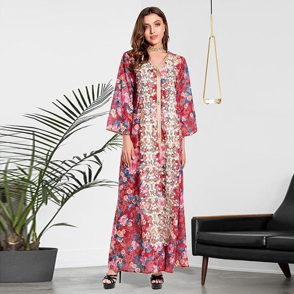 

ethnic clothing abaya kimono dubai 2021 muslim dress evening gowns embroidery floral boho long dresses djellaba femme eid islamic, Red