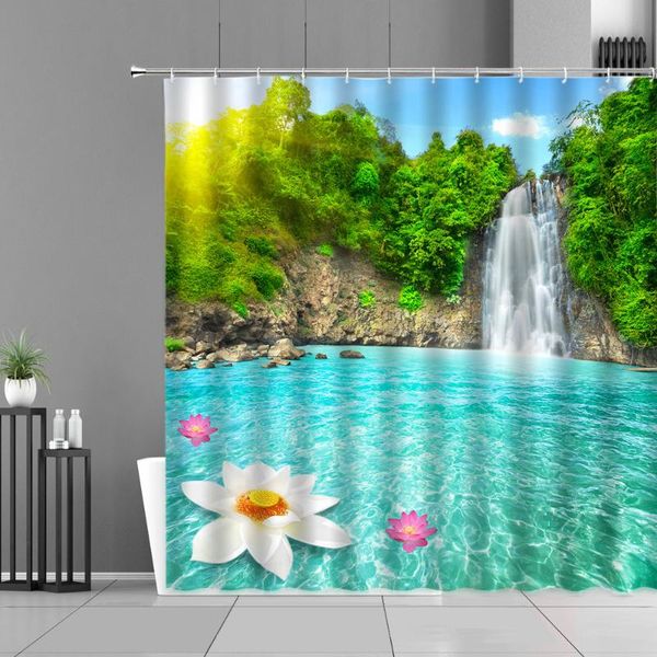 

shower curtains green forest waterfall water landscape spring scenery pink lotus flower bathroom curtain home decor bath screen
