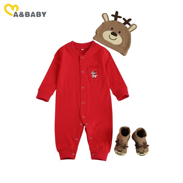 0-18M Weihnachten geboren Säugling Baby Junge Mädchen Overall Niedlichen Cartoon Deer Langarm Strampler Hut Schuhe Xmsa Outfits 210515