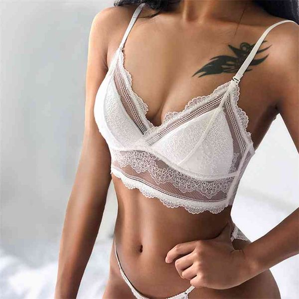 Vraimmoi sexy estilo francês lingerie suave bralette profundo v laço sem fio triangular triangular copos acolchoados Brasless 210728