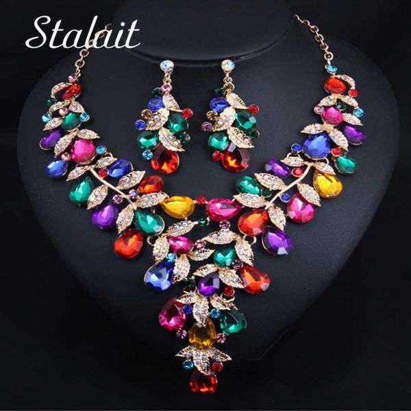 

luxury leaf water drop colorful crystal necklace earrings jewelry sets party wedding prom trendy bridal jewelry gifts for women h1022, Silver