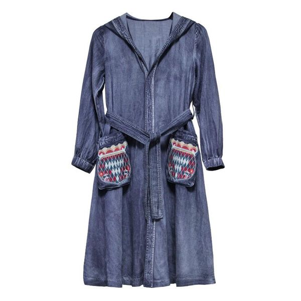

women's trench coats cotton overcoat coat for women vintage canvas full long hooded sashes solid blue mx216, Tan;black