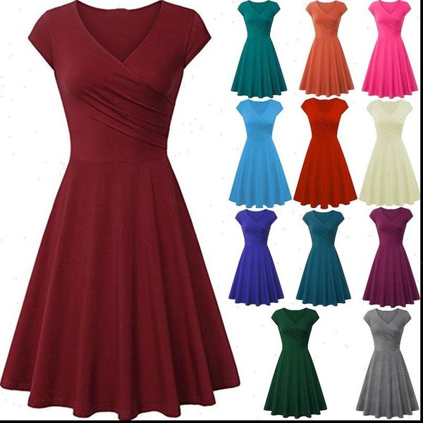 

casual solid color summer slim women dresses swing plus size office versatile mini retro v neck beach, Black;gray