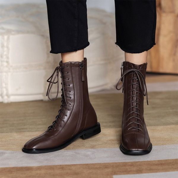

women's shoes autumn and winter square toe low-heel square heel mid-calf boots cross lace zipper mid-calf boots 210507, Black