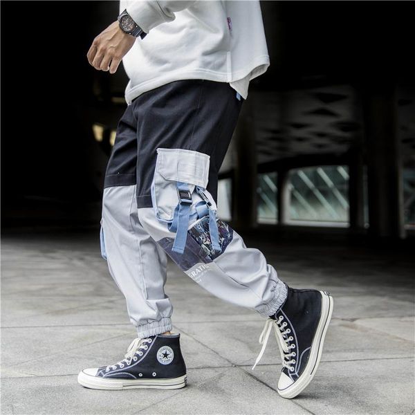 

men's pants splice color pocket hip hop 2021 men, Black