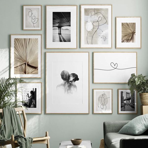 

paintings nordic modern minimalistic abstraction lines black and white lovers street view leaves living room bedroom background wall