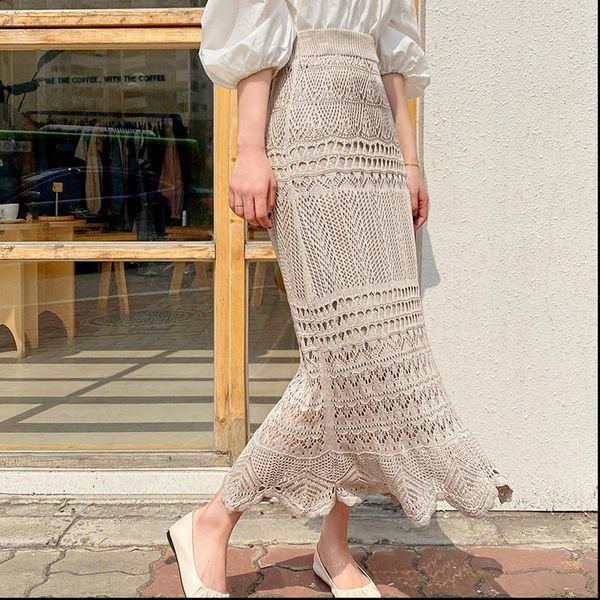 

summer elegant knitting long women skirt slim hollow out elastic high waist korea black khaki
