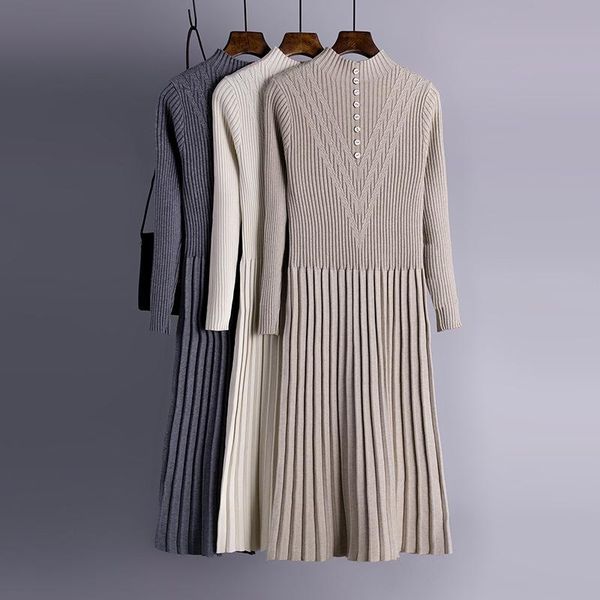 

casual dresses hlbcbg chic long knit maxi women sweater dress thick warm winter pleated female rib turtleneck a line office lady, Black;gray