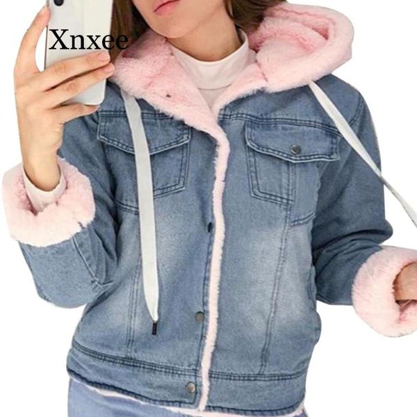 

women's jackets women denim jacket fur winter jeans warm hooded velvet femme faux collar padded bomber wind breake clothing, Black;brown