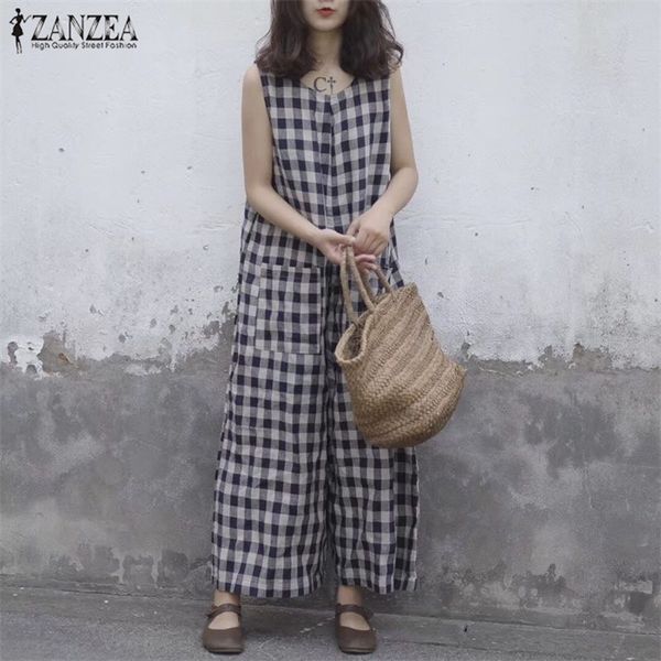 

zanzea 2021 summer wide leg rompers women vintage plaid checked sleeveless loose jumpsuits pants casual baggy overalls plus size, Black;white