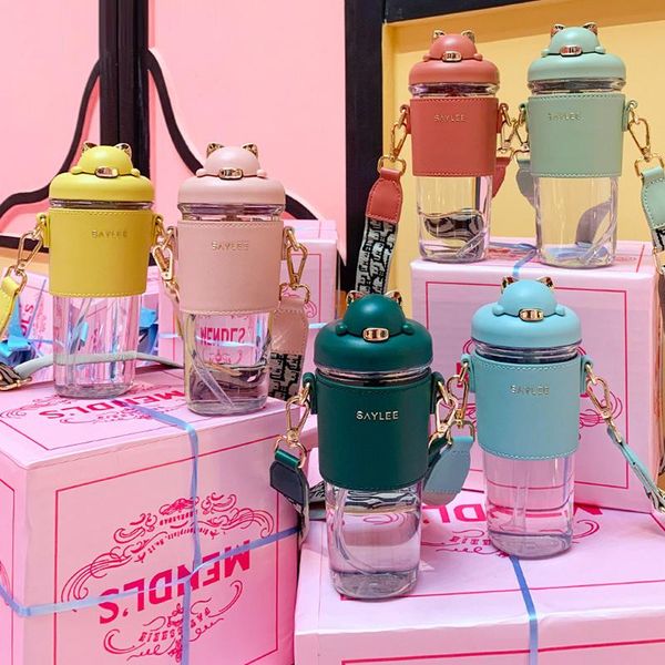 

mugs portable outdoor school drinking water straw bottle cup with shoulder strap plastic fashion ladies