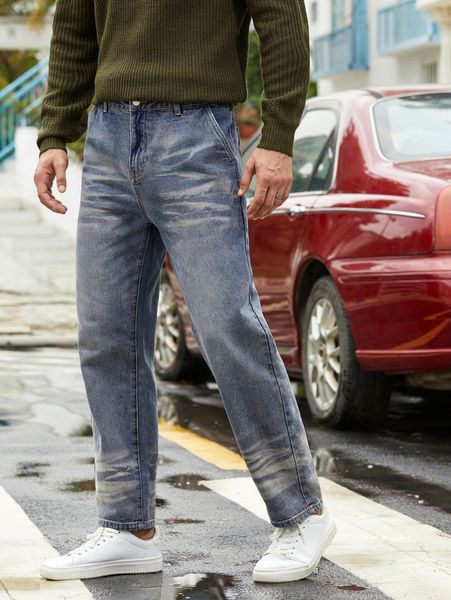 

men cat whisker washed straight leg jeans 87bx#, Blue