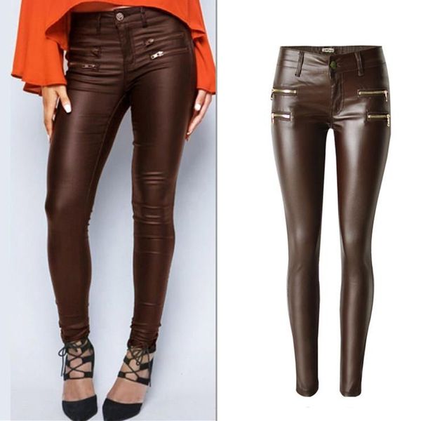

women's pants & capris fashion women low waist stretch pencil leather streetwear double zippers pu fake casual large size trousers, Black;white