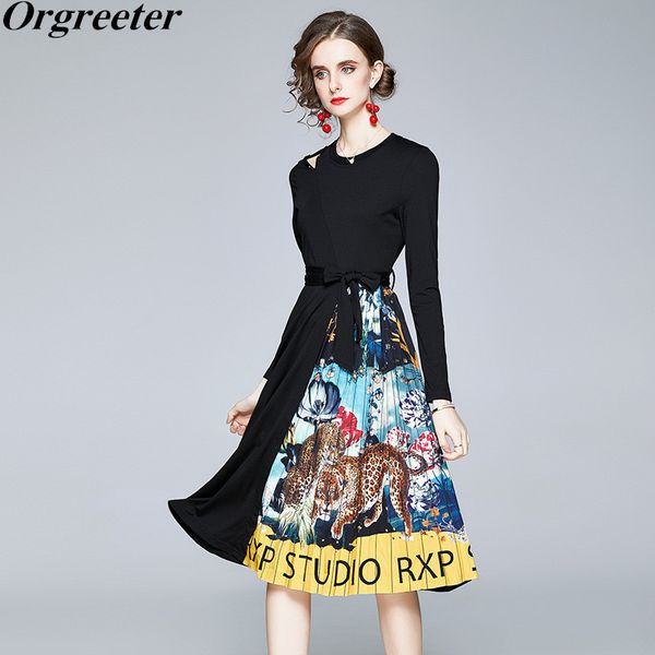 

runway design retro patchwork print pleated long dress hollow out long/short sleeve floral animal elegant ol 210525, Black;gray