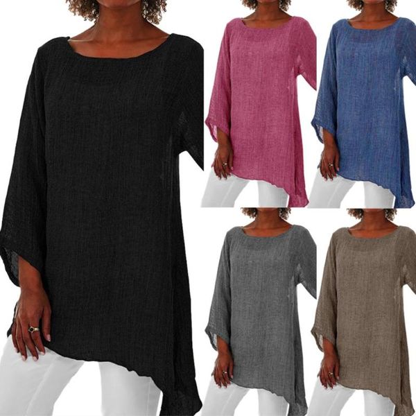 

women's t-shirt plus size women solid color linen o-neck long sleeve irregular tunic slee, White