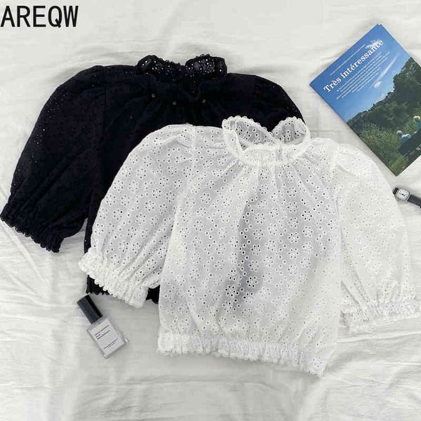 

white black lace shirts blouse short women summer spring 210507