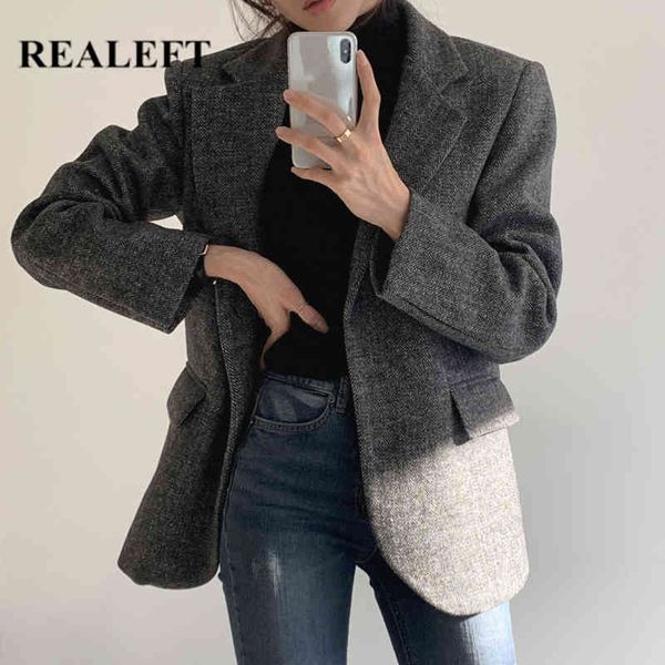 

woolen vintage single breasted women blazer long sleeve turn down collar autumn winter chic jacket female 210428, White;black