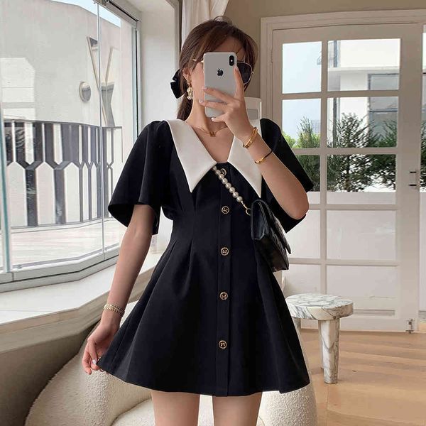 

doll collar high waist dress women's french small short sleeve a-line skirt dresses for women 210429, Black;gray