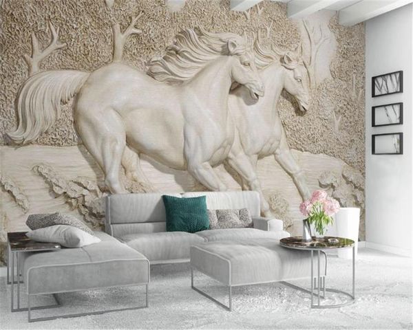 

wallpapers 3d mural wallpaper embossed white horse tv background wall hd digital printing moisture-proof paper