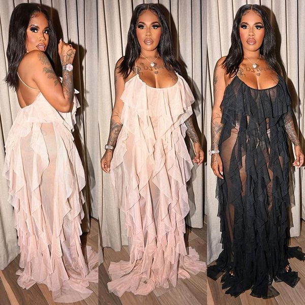 

charming women mesh party dress ins test plus size spaghetti strap sleeve cascading ruffles backless dresses 2021 spring casual, Black;gray