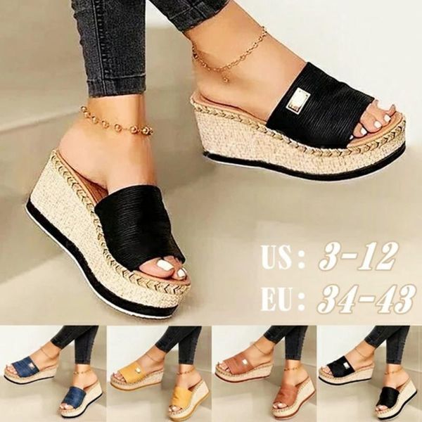 

slippers summer women high heeled sandal thick bottom ladies casual wedges shoes female platform mules plus size 35-43, Black