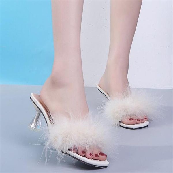 

plush slippers ladies fashion wearing summer shoes square head high-heeled women heels chaussure femme, Black