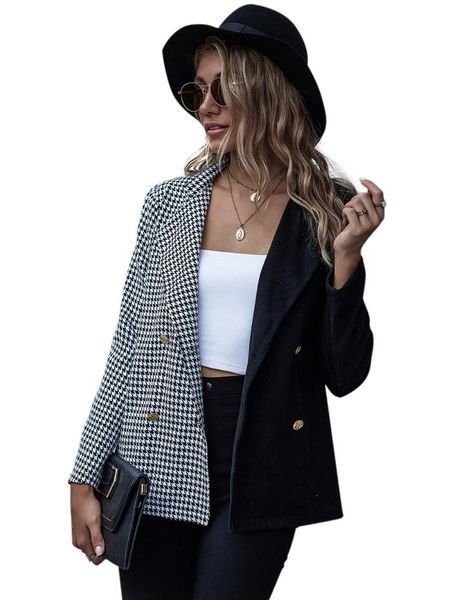 

women's suits & blazers women blazer smart casual color patchwork jacket double breasted turn-down collar long sleeve womenclothing coa, White;black