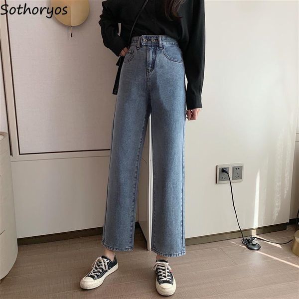 

women's jeans women solid simple korean style all-match high waist straight elegant pocket harajuku chic leisure streetwear, Blue