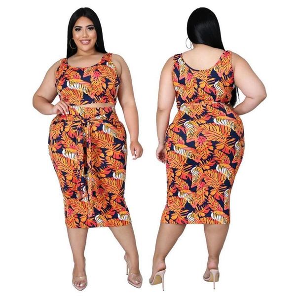 

plus size tracksuits women clothing boho printed leaves print o-neck vest with slim long skirt outfitstank lace-up baÃ±ador mujer, Black