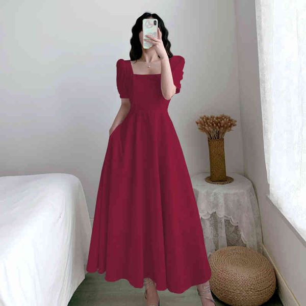 

casual dresses summer long red dress women korean vintage robe ladies elegant short sleeve temperament party female vestidos g110, Black;gray