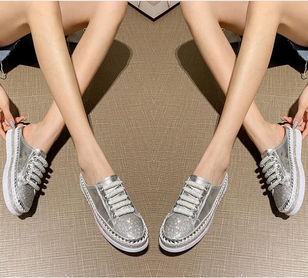 

womens sequine silver white shoes new water drill thick sole 4cm lazy students cake shoes can make big size, Black