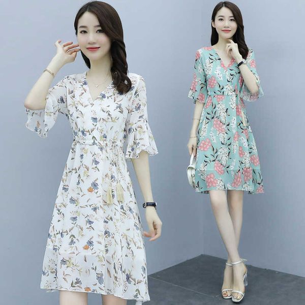 

2021 floral drs women's short summer small waist show thin and frh chiffon skirt sweet, Black;gray